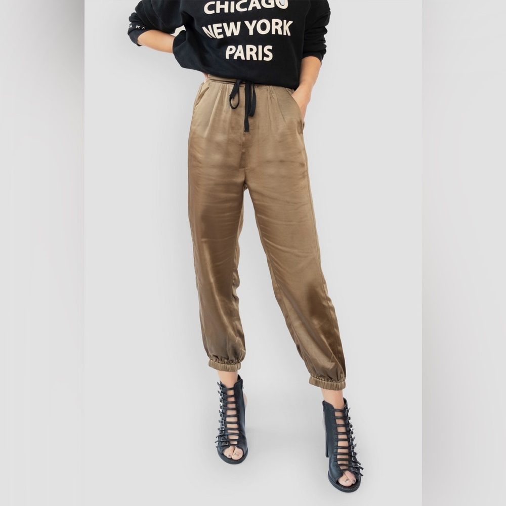 Christina Karin Satin‎ Joggers Brown High Rise Elastic Waist Size L